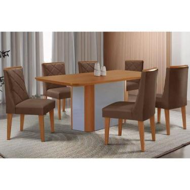Imagem de Sala Jantar Mesa Pietá Tampo Curvo 180cm+6 Cadeiras Pietá Madeira Naturale/Off White - Capuccino/Suede Marrom - Rufato