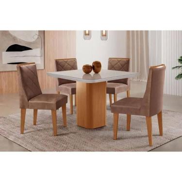Imagem de Sala Jantar Mesa Maldivas Tampo c/ Vidro Curvo 90cm+4 Cadeiras Pietá Madeira Naturale/Off White - Capuccino/Corano Capuccino - Rufato