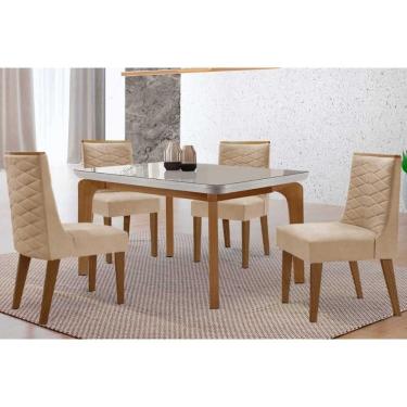 Imagem de Sala Jantar Mesa Londrina Tampo c/ Vidro Curvo 120cm 4 Cadeiras Dafne Madeira Naturale/Off White - Capuccino/Suede Creme - Rufato