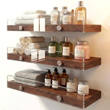 Imagem de Care&More YJ Pacote com 3 prateleiras flutuantes de madeira para parede, prateleiras rústicas montadas na parede para banheiro, quarto, sala de estar, cozinha, prateleira suspensa marrom