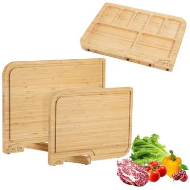 Imagem de Conjunto de 2 tábuas de corte de bambu, tábua de corte de madeira para cozinha com suporte inovador, ranhura e alça de suco, dupla face para picar e tábua de charcutaria, presente de cozinha para