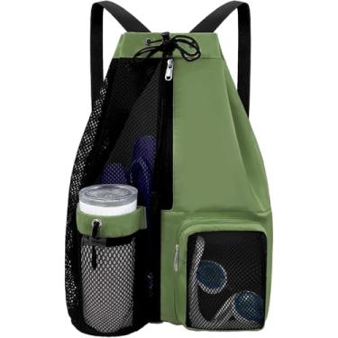 Imagem de Mochila de praia de malha, mochila de malha para praia e piscina com bolso molhado e cordão, design unissex (verde)