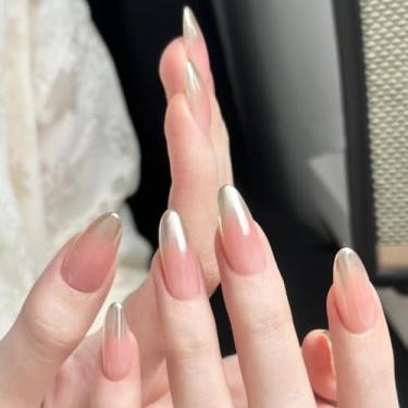 Imagem de Unhas postiças de amêndoa média com glitter francês com design simples ombré nude, cobertura completa, cola artificial em bastão falso, unhas de acrílico para mulheres, casamento, 24 peças