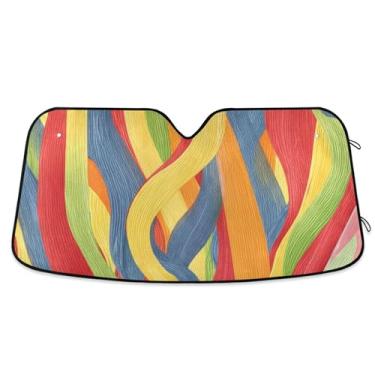 Imagem de Persiana de sol colorida colorida personalizada com linhas curvas arco-íris para para-brisa de carro capa de para-brisa automotiva dobrável fofa protetor solar M, 139,7 cm x 70,1 cm