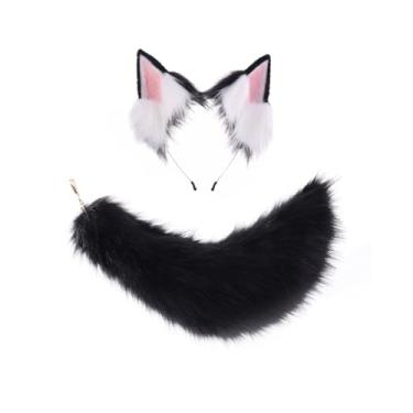 Imagem de Hyuetrsa Conjunto de orelhas e cauda de gato lobo raposa Therian Gear Tail chaveiro feito à mão orelha de gato peludo cauda de lobo para festa de cosplay de Halloween, preto, Preto e branco, Average