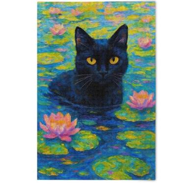 Imagem de Black Cat Water Lily Colorful Jigsaw Puzzles 1000 Piece for Adults Cute Animal Painting Family Fun Puzzles Game Funny, 1000 Pieces, 29.5" x 19.7"