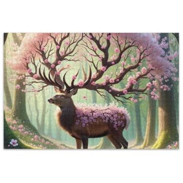 Imagem de Quebra-cabeça de veado com flores, chifres, 1000 peças, presentes de elefante branco, quebra-cabeças rígidos engraçados para adultos, brinquedo de arte
