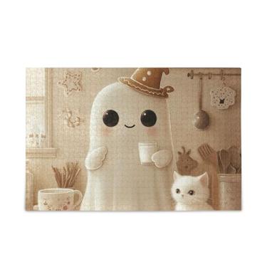 Imagem de Quebra-cabeça de 500 peças de gato branco fantasma fofo de madeira e papel com bolsa de armazenamento para adolescentes