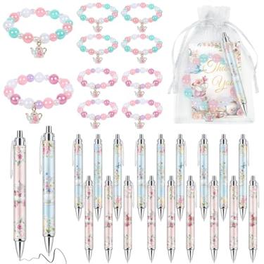 Imagem de EYNDYN 24 conjuntos de canetas esferográficas florais para festas de chá, lembrancinhas de chá a granel para mulheres, presentes de aniversário, casamento, escritório, sala de aula