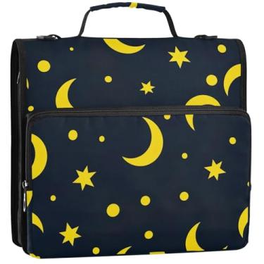 Imagem de Organizador de fichário com zíper para documentos, 3 anéis, 3 anéis, luas crescentes, amarelas, pasta de portfólio com alça para fichários escolares com alça de ombro, 34,5 x 31,5 x 9 cm