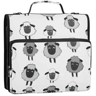 Imagem de Lindo organizador de fichário preto cinza ovelha branca com zíper de 3,5 polegadas 3 anéis bolsa de fichário resistente com alça para portfólio escolar e estojo suporte de pasta de anel 34,5 x 31,5 x