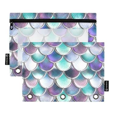 Imagem de Estojo de lápis padrão com 3 anéis, escalas coloridas, turquesa, zíper, fichário, caneta, escola, bolsos, transparentes, zíper 25 x 18 cm, 2 pacotes