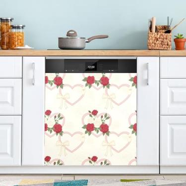 Imagem de ATTX Capa magnética para lava-louças de rosas vermelhas dos namorados | Adesivo decorativo de eletrodomésticos de 58 x 66 cm para armários domésticos e eletrodomésticos #373