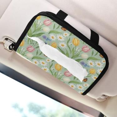 Imagem de SEHANY Porta-lenços de papel de carro floral fofo colorido, caixa de lenços para carro, viseira solar, porta-guardanapos retangular, dispensador de máscara de carro, caixa de lenços para veículos