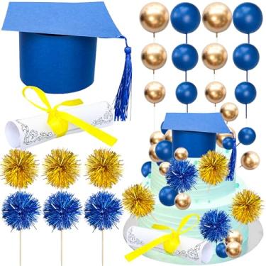 Imagem de Ephlyn Pacote com 42 topos de bolo de formatura 2025, bolas de diploma com borla, fogos de artifício, parabéns, decorações de bolo de graduação para ensino médio 2025, suprimentos de graduação, azul