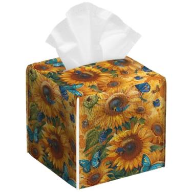 Imagem de Pacote com 2 caixas de lenços de girassol e borboletas azuis, quadrado, floral, couro PU, organizador de papel à prova d'água, dispensador de papel facial para banheiro, cozinha, casa, escritório
