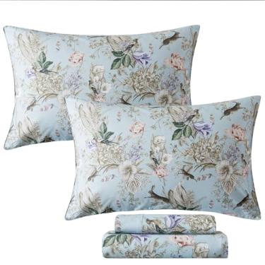 Imagem de FADFAY Jogo de lençol solteiro, 4 peças, estampa vintage botânica e floral, pássaro, lençol com elástico alto, macio e respirável para todas as estações