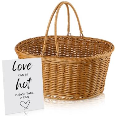 Imagem de AceOrbit Cesta de armazenamento de presentes de casamento de vime rústico com alça "Love Can Be Hot Please Take a Fan", placa de mesa tecida à mão, cesta de vime natural para organizar presentes de