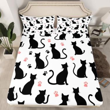 Imagem de Feelyou Jogo de lençol Queen com estampa de pata de gato fofo para meninos, meninas, adolescentes, respirável, fofo, para presente de gato, preto e branco