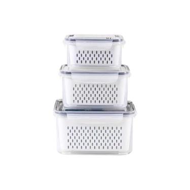 Imagem de Kit 3 Potes Herméticos - Organizadores de Geladeira com Tampa Cinza – 850ml, 1750ml e 3300ml – Com Trava, Vedação de Silicone e Cesto de Dreno – Vasilhas Multiuso para Geladeira