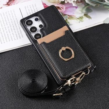 Imagem de Capa carteira para celular com alça transversal, compartimentos para cartões, suporte integrado e argola para Samsung Galaxy S25 Edge, S24 FE, S23 Ultra e S22 Plus, preta. Compatível com Galaxy S