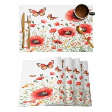 Imagem de Jogo americano de flor de papoula primavera conjunto com 4, aquarela, vermelho, floral, 33 x 48 cm, lavável, antiderrapante, jogo americano de linho, botânico, rústico, de verão, para mesa de jantar,