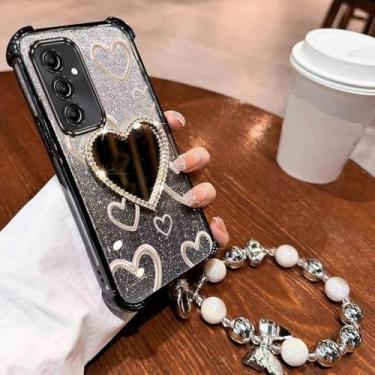 Imagem de Capa de celular espelhada com alça de pulso e airbag, glitter e coração, para Samsung Galaxy A13, A14, A15, A16, A23, 34, A35, A36, A54, A55, 4G e 5G, preta, para Samsung A16 5G