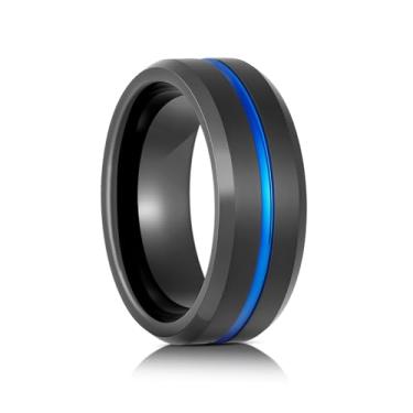 Imagem de SATAER Anéis de tungstênio para alianças de casamento masculinas preto fosco ouro escovado e ranhurado azul central confortável tamanho 6-16, Carboneto de tungstênio, Sem pedra preciosa