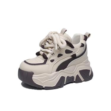 Imagem de KCTRFSJ Tênis feminino casual com cadarço plataforma grossa, bico redondo, cano baixo, respirável, sapatos esportivos confortáveis, antiderrapantes para aumentar a altura, Bege, 38