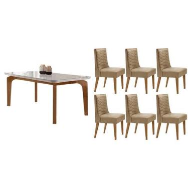 Imagem de Sala Jantar Mesa Londrina Tampo c/ Vidro Curvo 180cm+6 Cadeiras Dafne 