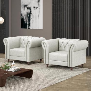 Imagem de Kit 2 Poltronas Decorativas Sala de Estar Stanford Chesterfield Pés de Madeira Couro Branco Manchado G58 - Gran Belo
