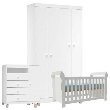 Imagem de Quarto De Bebê 4 Portas Ternura Baby Com Berço Lara Branco Brilho - Incorplac