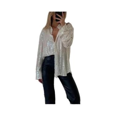 Imagem de Camisa Feminina Brilhante De Manga Longa Com Botões E Gola Dobrável Pa