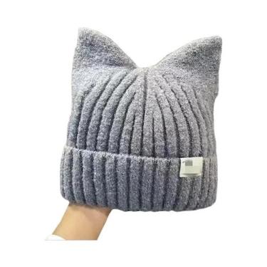 Imagem de Gorro Feminino Quente De Tricô Com Orelhas De Gato Fofas, Versátil Par