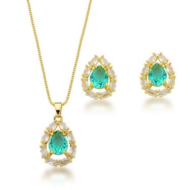 Imagem de Conjunto Colar E Brincos Com Zirconia Gota Verde Claro Banhada A Ouro 18k - 45cm