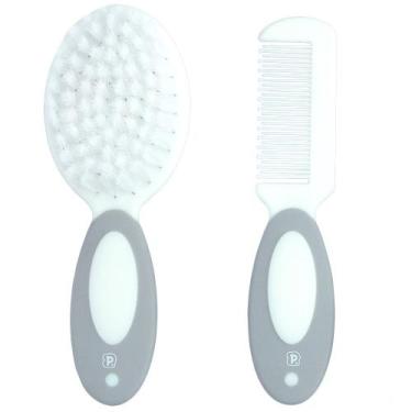 Imagem de Kit Escova e Pente Cerdas Brancas Bebê Infantil Pimpolho, Cinza