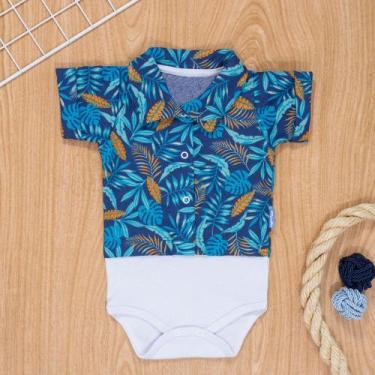 Imagem de Body Camisa para Bebê Manga Curta Em Tricoline Folhagem Azul - Era Uma