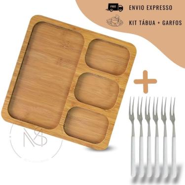 Imagem de Kit Petisqueira Redonda para Frios com Molheira Ramequim em MDF com 6 Garfinhos para Queijos OEM