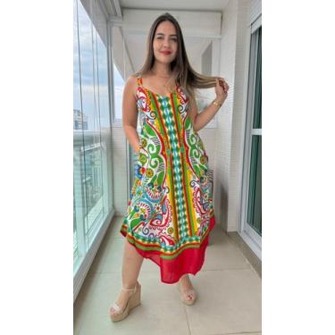Imagem de Vestido Feminino Indiano Alça c/ Regulagem e Bolsos Trapézio Plus Size