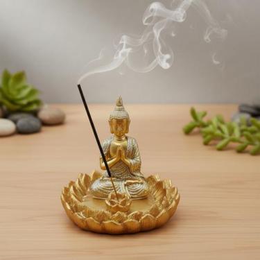 Imagem de Incensário Vareta Buda Dourado Brilhante Meditando Decoração Elegante 