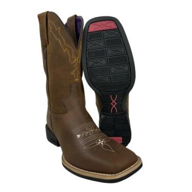 Imagem de Bota Texana Feminina Jácomo Bico Quadrado Couro Crazy Amêndoa Com Bord