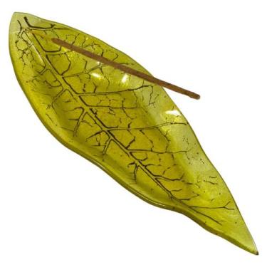 Imagem de Incensário Vareta Forma Folha Vidro Verde Amarelo Ouro 24cm - M3 Decor