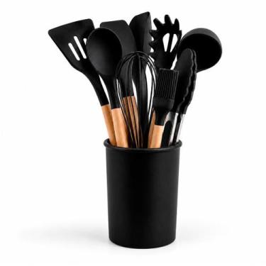 Imagem de Kit Utensílios de Cozinha Silicone 12 Peças com Suporte Cabo de Madeir