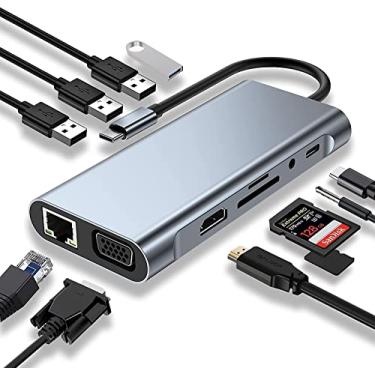 Imagem de KABEWUS HUB USB C, adaptador USB C 11 em 1 com HDMI 4K VGA porta USB 3.0 PD Tipo C porta Ethernet RJ45 leitor de cartão SD/TF, AUX de 3,5 mm compatível com MacBook Pro/Air Mais dispositivos Tipo C