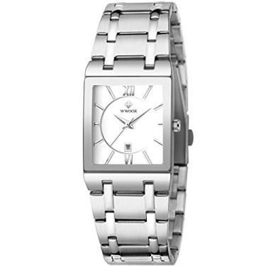 Imagem de WWOOR Relógios quadrados para homens e mulheres de aço inoxidável Mens Square Watch com data impermeável Analógico Quartz Fashion Business Casual Relógio de pulso (36I-Silver White)