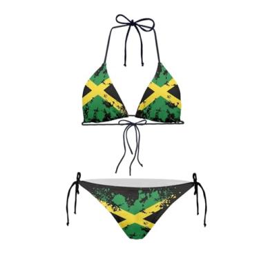 Imagem de JEOCODY Conjunto de biquíni feminino de cintura alta frente única, duas peças, conjunto de biquíni triangular com cordão, Estampa da bandeira jamaicana, M