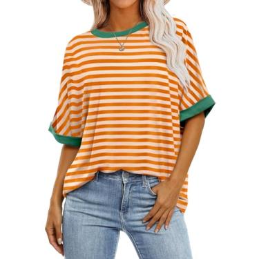 Imagem de ANRABESS Camisetas femininas listradas grandes de manga curta gola redonda verão camisetas casuais soltas básicas 2024 roupas modernas, Listrado laranja branco, M