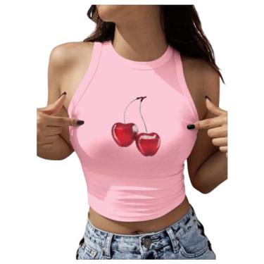 Imagem de BEAUDRM Camiseta regata feminina com estampa de cereja Y2K gola redonda sem mangas casual de verão, rosa, P