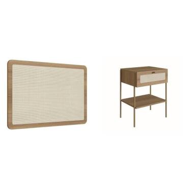 Imagem de Conjunto Cabeceira Solteiro 90cm e Mesa de Cabeceira 1 Gaveta Pé Metal Dourado Palhinha Oslo Hanover/Dourado