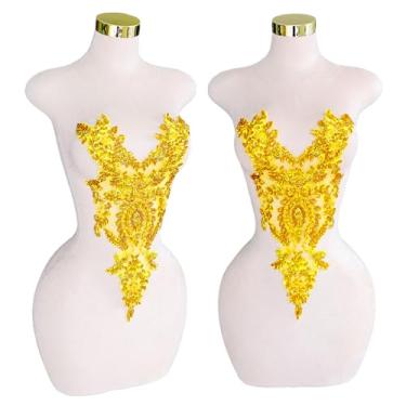 Imagem de Remendos feitos à mão com contas de cristal corpete renda DIY apliques de acabamento para roupas sociais (M13-ouro)